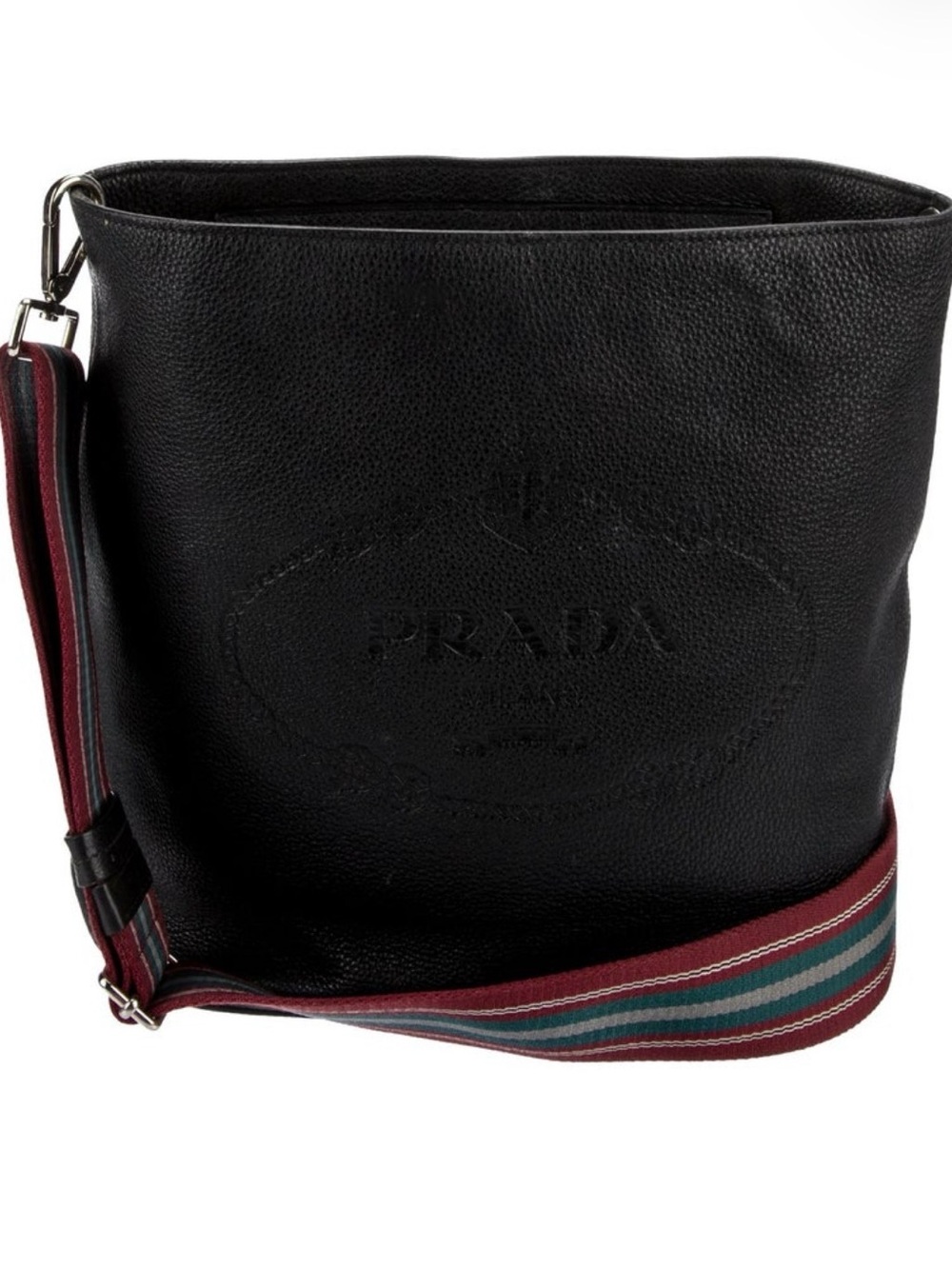 Prada Black Pebbled Leather Messenger Bag with Burgundy and Teal Striped Strap